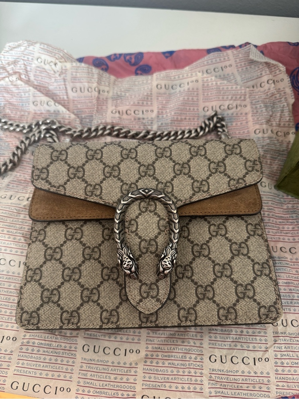 Gucci Beige GG Supreme Canvas Dionysus Crossbody with Tan Suede Trim